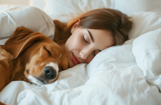 dormire meglio con la vmc, donna con cane che dormono