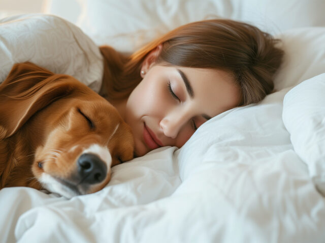 dormire meglio con la vmc, donna con cane che dormono